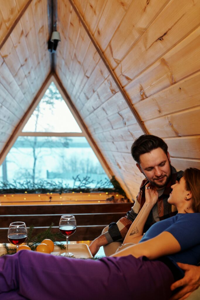 Luxury earthen house retreat for couples enjoying a romantic moment inside a cozy natural cabin