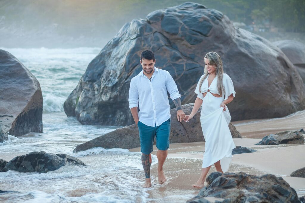 Sunset beach walk during a private couples meditation retreat